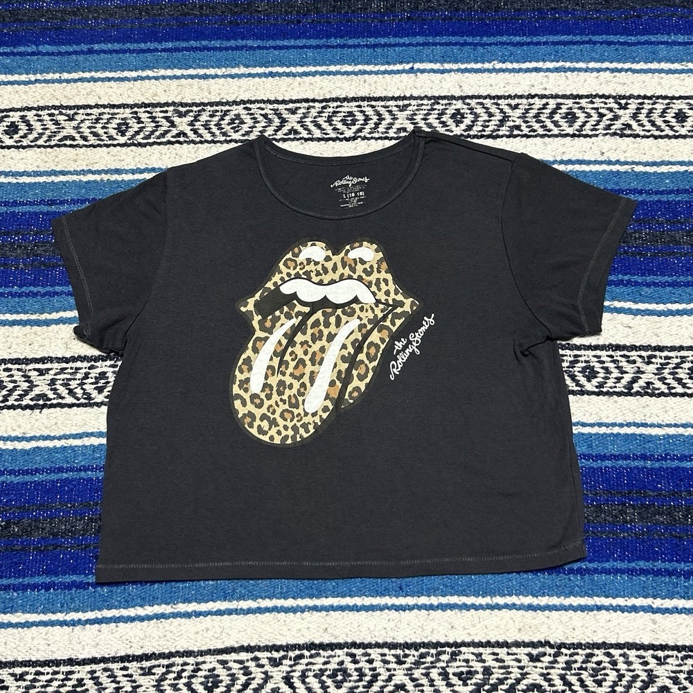 The Rolling Stones Girls L 16/18 T Shirt Leopard Tongue Logo Black Graphic Tee